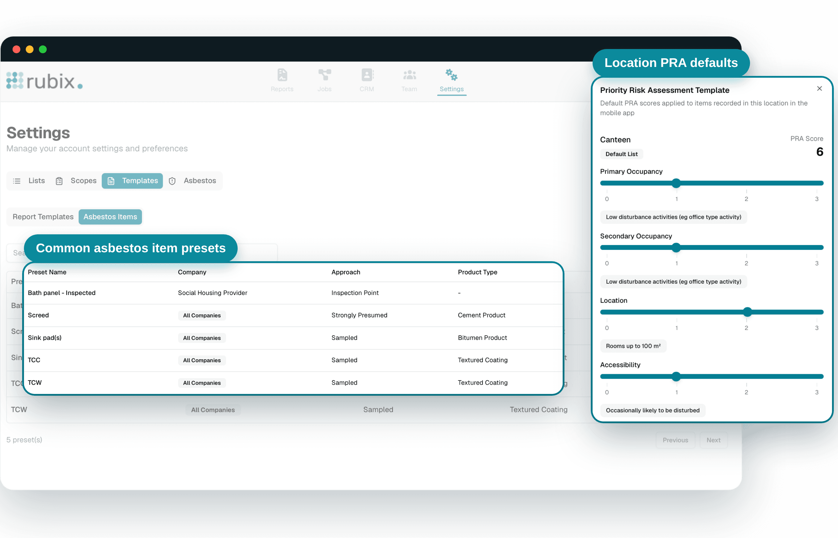 Common asbestos item presets table alongside a location priority risk assessment defaults panel