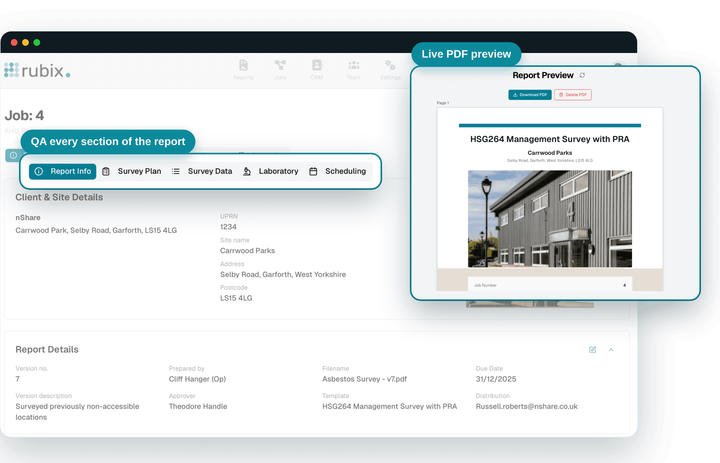 Job page with report section tabs and a live PDF preview of the HSG264 management survey
