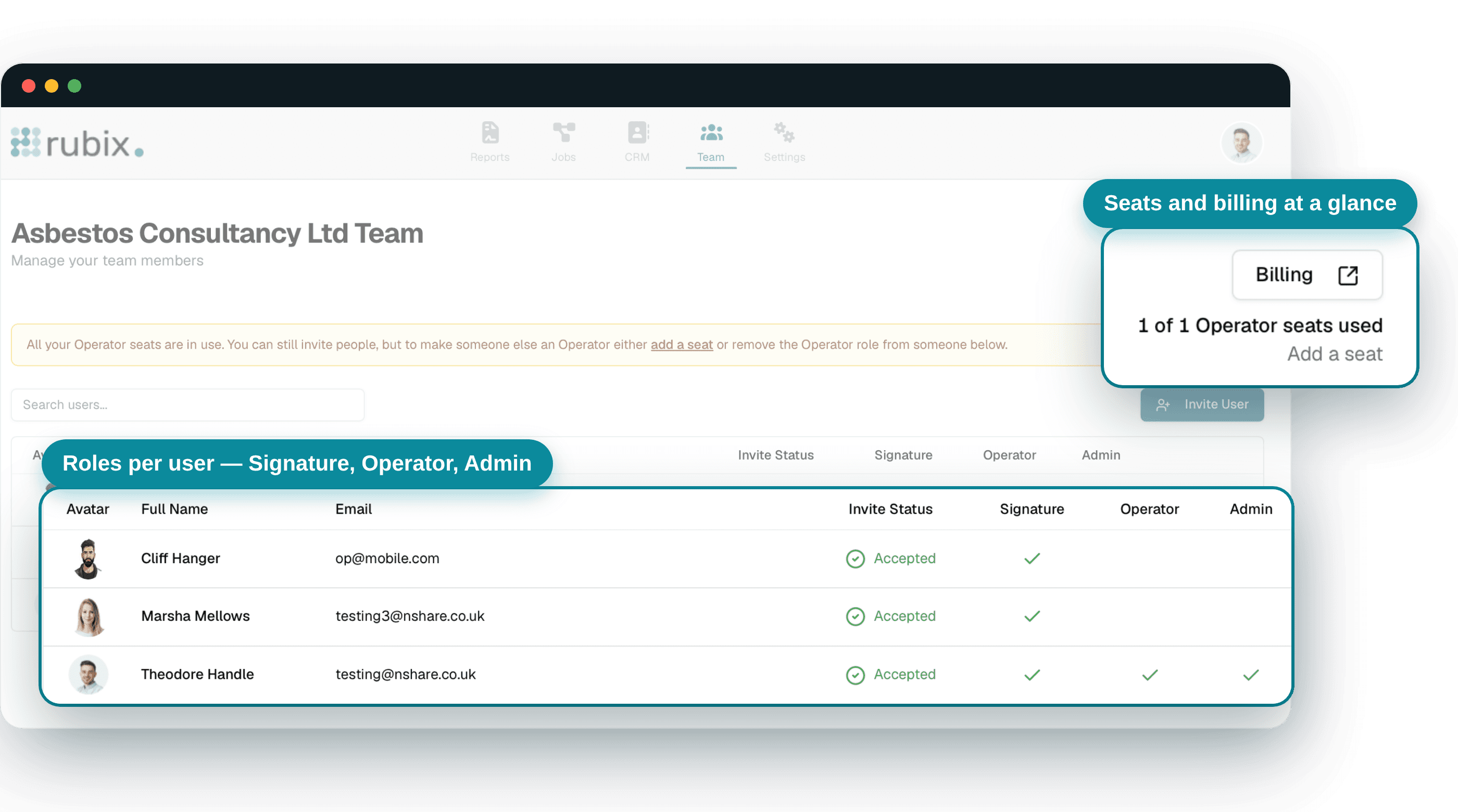 Team page listing members with signature, operator and admin roles, and a seats and billing summary